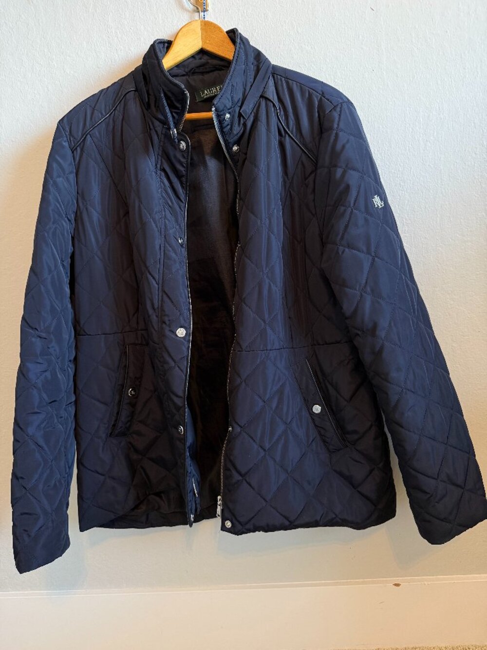 Lauren Ralph Lauren Navy Quilted Jacket Women XL Faux Leather Trim LRL